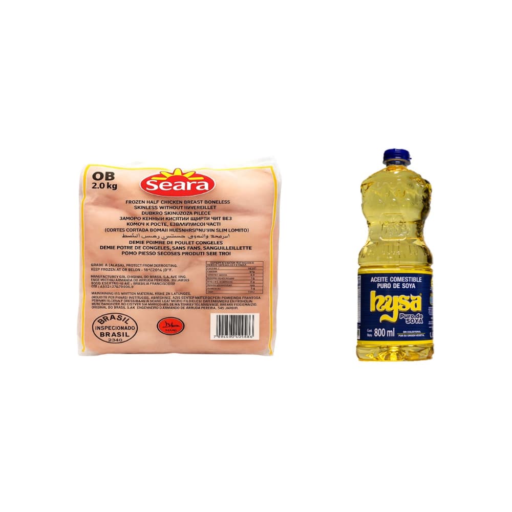 Pechuga de pollo sin hueso y sin piel Seara (2 kg / 4.41 lb) +Aceite puro de soya Hysa (800 ml) - Imagen 1