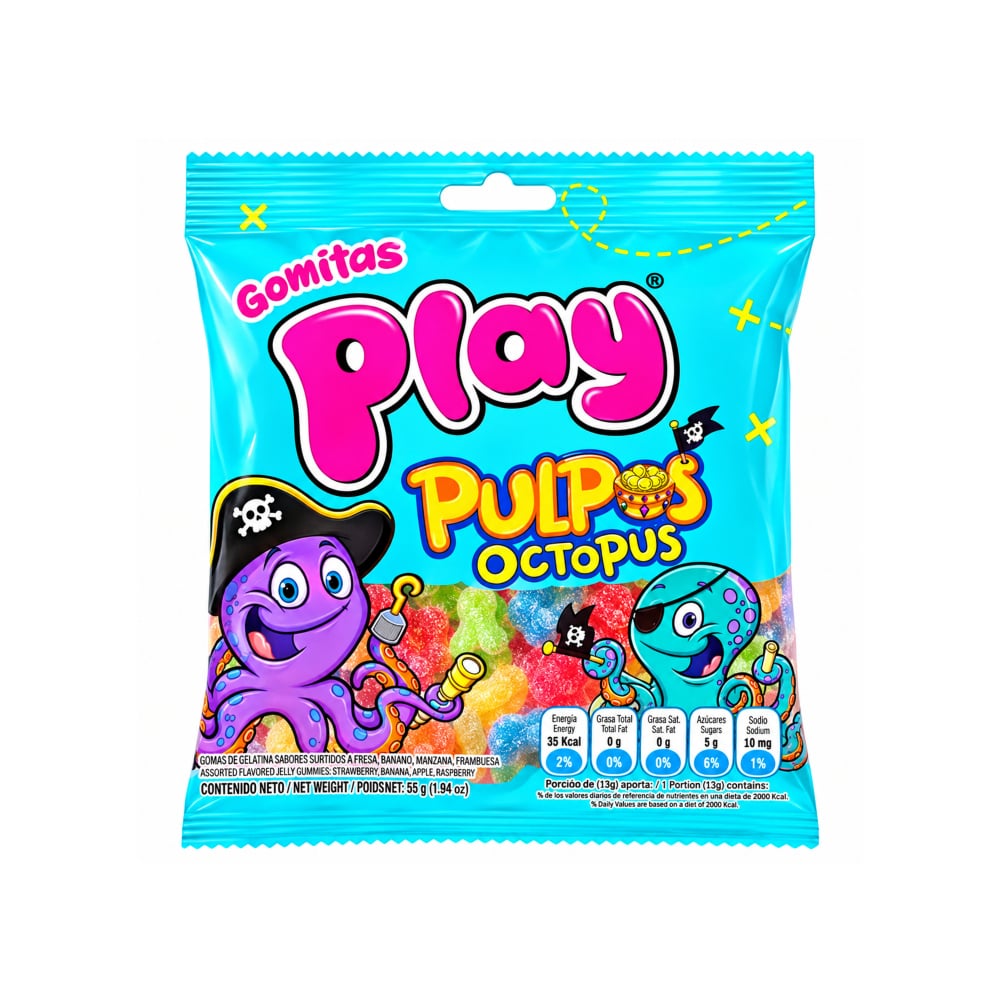 Gomitas de gelatina sabores surtidos a fresa, banano, manzana, frambuesa Pulpos Play (55g / 1.94 oz) - Imagen 1