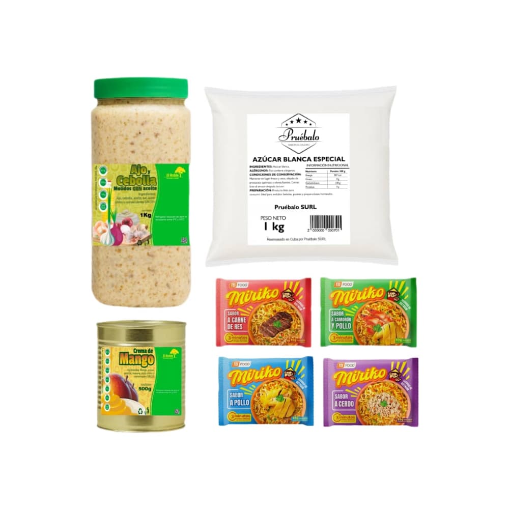 Azúcar blanca especial + Crema de mango + Ajo y cebolla molidos en aceite + Sopa instantánea de fideos sabor a pollo + Sopa instantánea de fideos sabor a cerdo + Sopa instantánea de fideos sabor a carne de res + Sopa instantánea de fideos sabor a camaron y pollo - Imagen 1