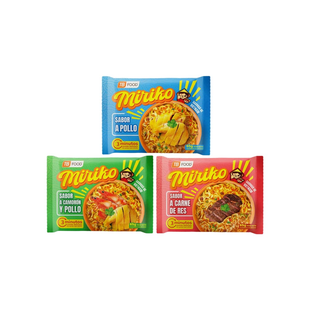 Sopa instantánea de fideos sabor a pollo Miriko + Sopa instantánea de fideos sabor a camarón y pollo Miriko + Sopa instantánea de fideos sabor a carne de res Miriko - Imagen 1