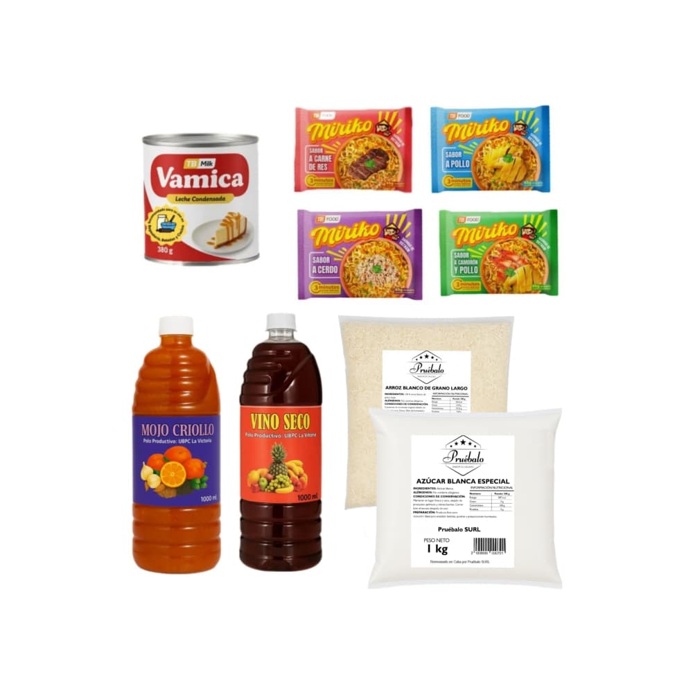 Leche condensada + Mojo criollo + Vino Seco + Azúcar blanca especial + Arroz blanco de grano largo + Sopa instantánea de fideos sabor a cerdo + Sopa instantánea de fideos sabor a carne de res + Sopa instantánea de fideos sabor a pollo + Sopa instantánea de fideos sabor a camarón y pollo - Imagen 1