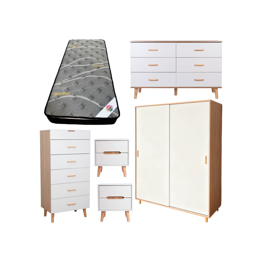 Juego de cuarto #4 Sail & Color a full: armario + gavetero alto + gavetero tipo cómoda + 2 mesitas de noche + colchón personal - Imagen 1