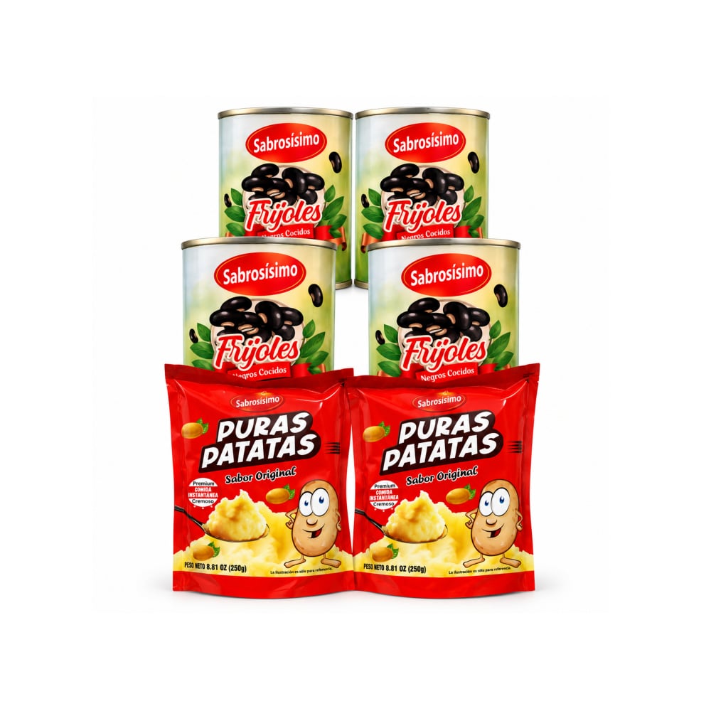 Combo Puré de puras patatas instantáneo Sabrosísimo (2 x 250 g / 8.82 oz) + Frijoles negros cocidos Sabrosísimo (4 x 400 g / 14.11 oz) - Imagen 1