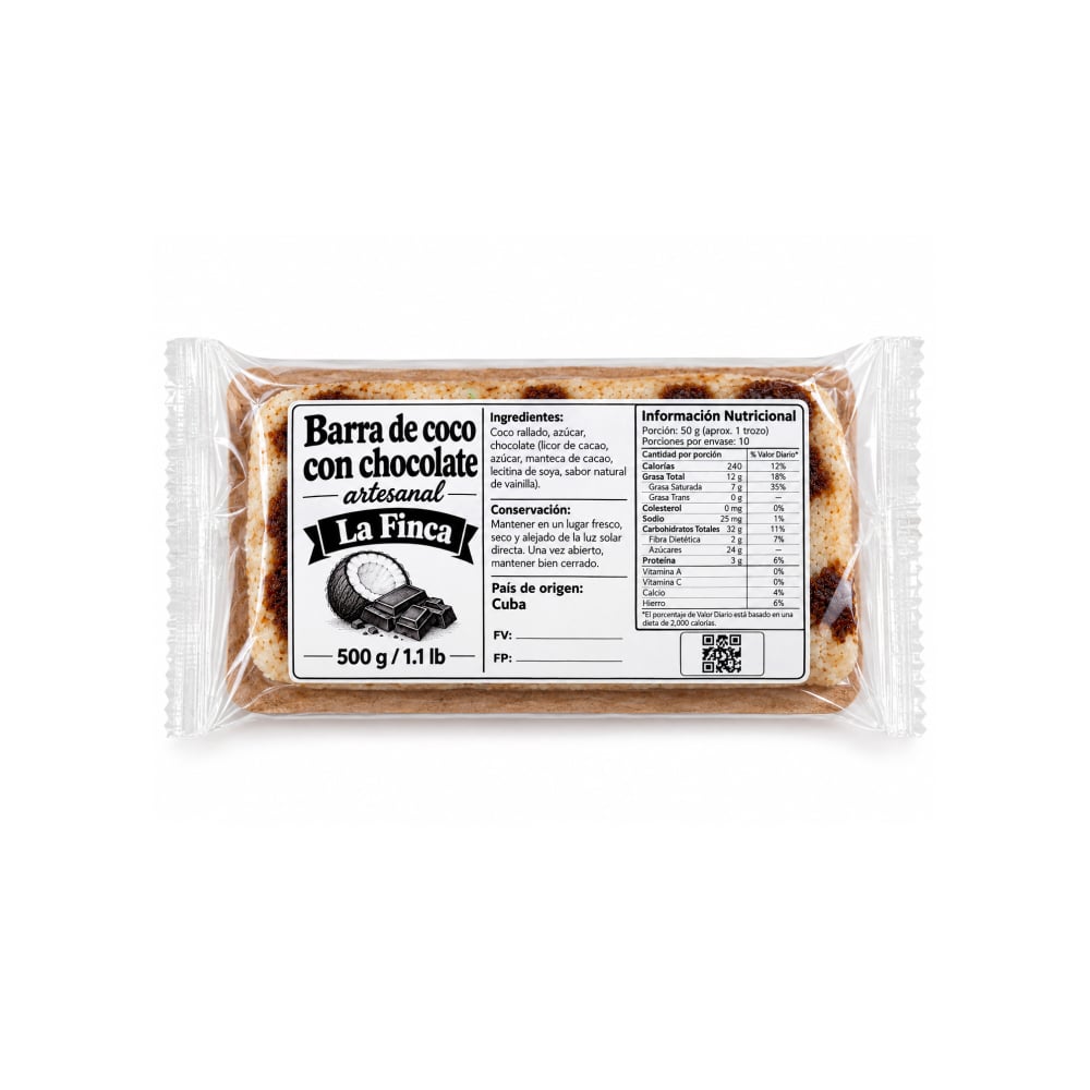 Barra de coco con chocolate artesanal La Finca (500 g / 1.1 lb) - Imagen 1