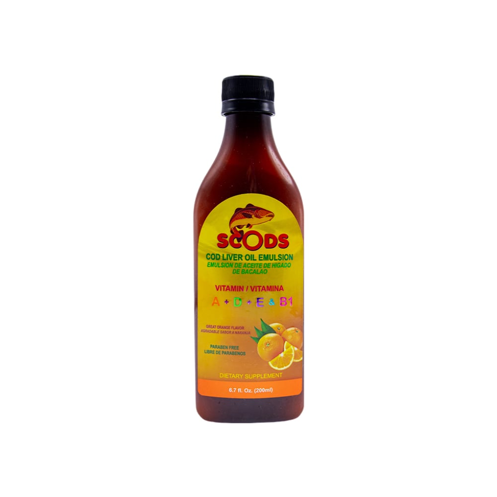 Emulsión de aceite de hígado de bacalao con vitaminas A+D+E+B1 sabor naranja Scods (200 ml / 6.7 fl. oz) - Imagen 1