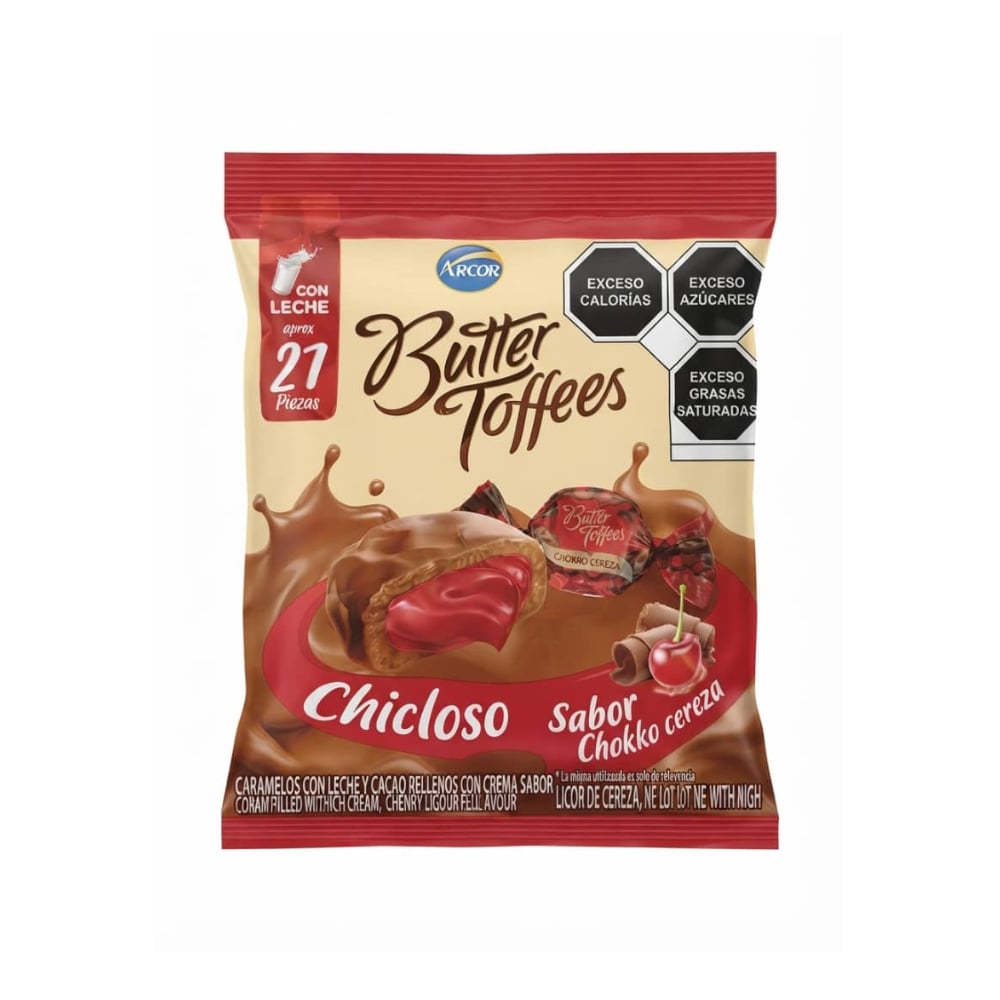 Caramelos con leche y cacao rellenos con crema sabor licor de cereza Butter Toffees Arcor (126 g / 4.44 oz) - Imagen 1