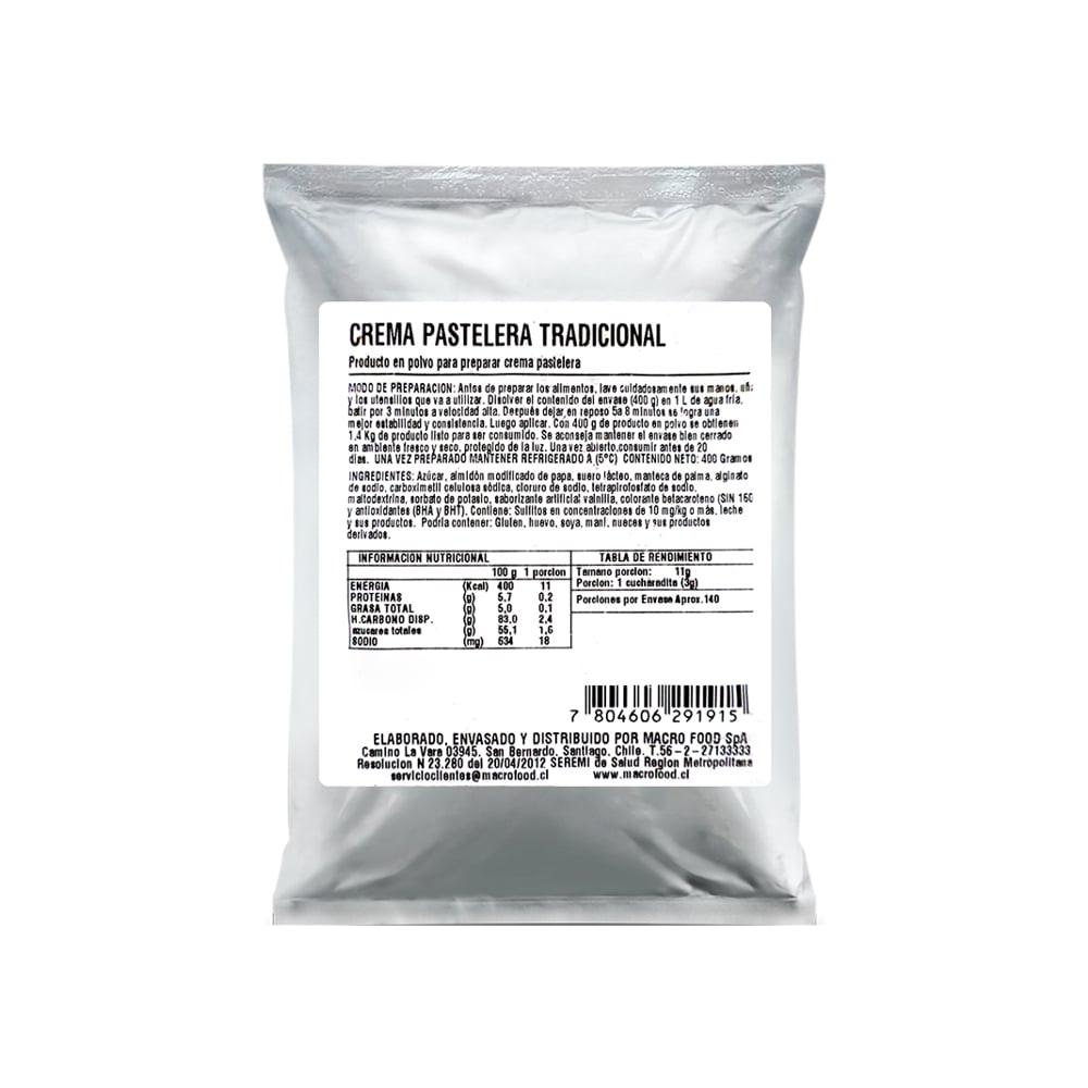 Producto en polvo para preparar crema pastelera tradicional Macro Food (400 g / 14.1 oz) - Imagen 1