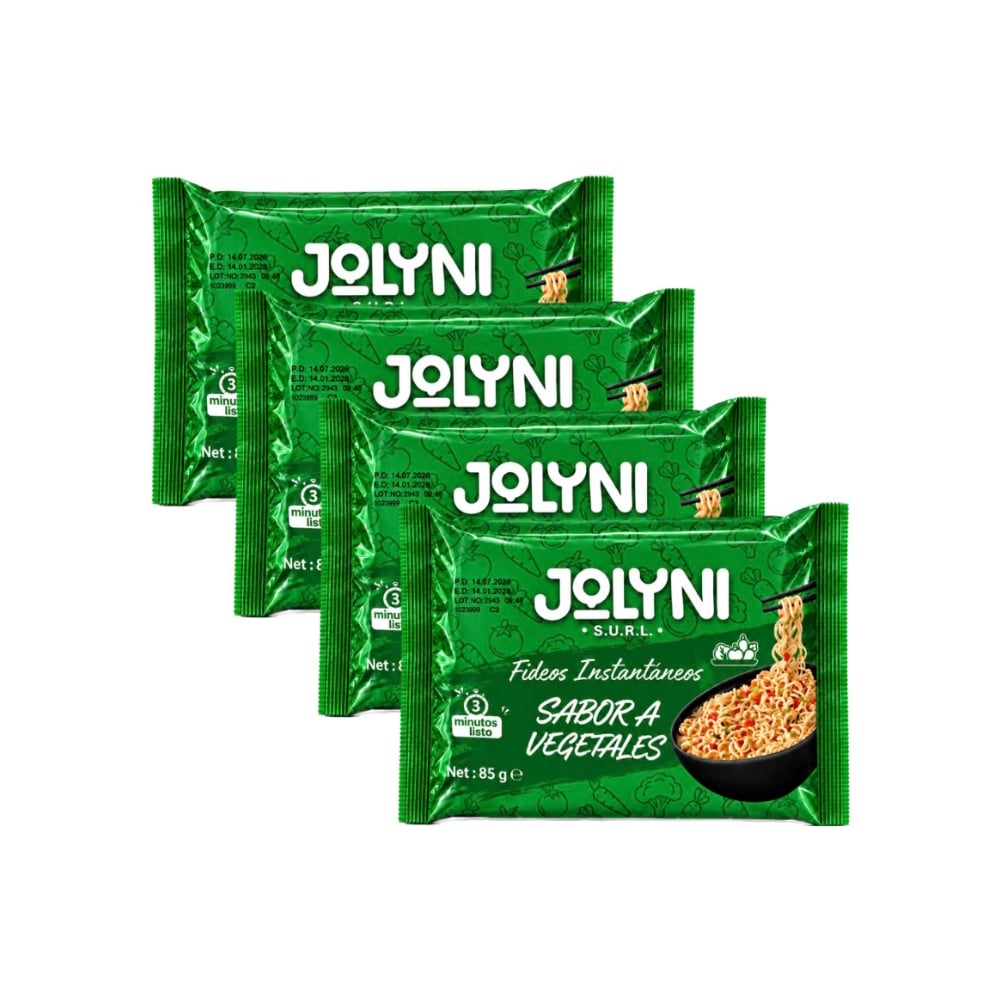 Sopa de fideos instantáneos sabor a vegetales Jolyni (4 x 85 g / 3 oz) - Imagen 1