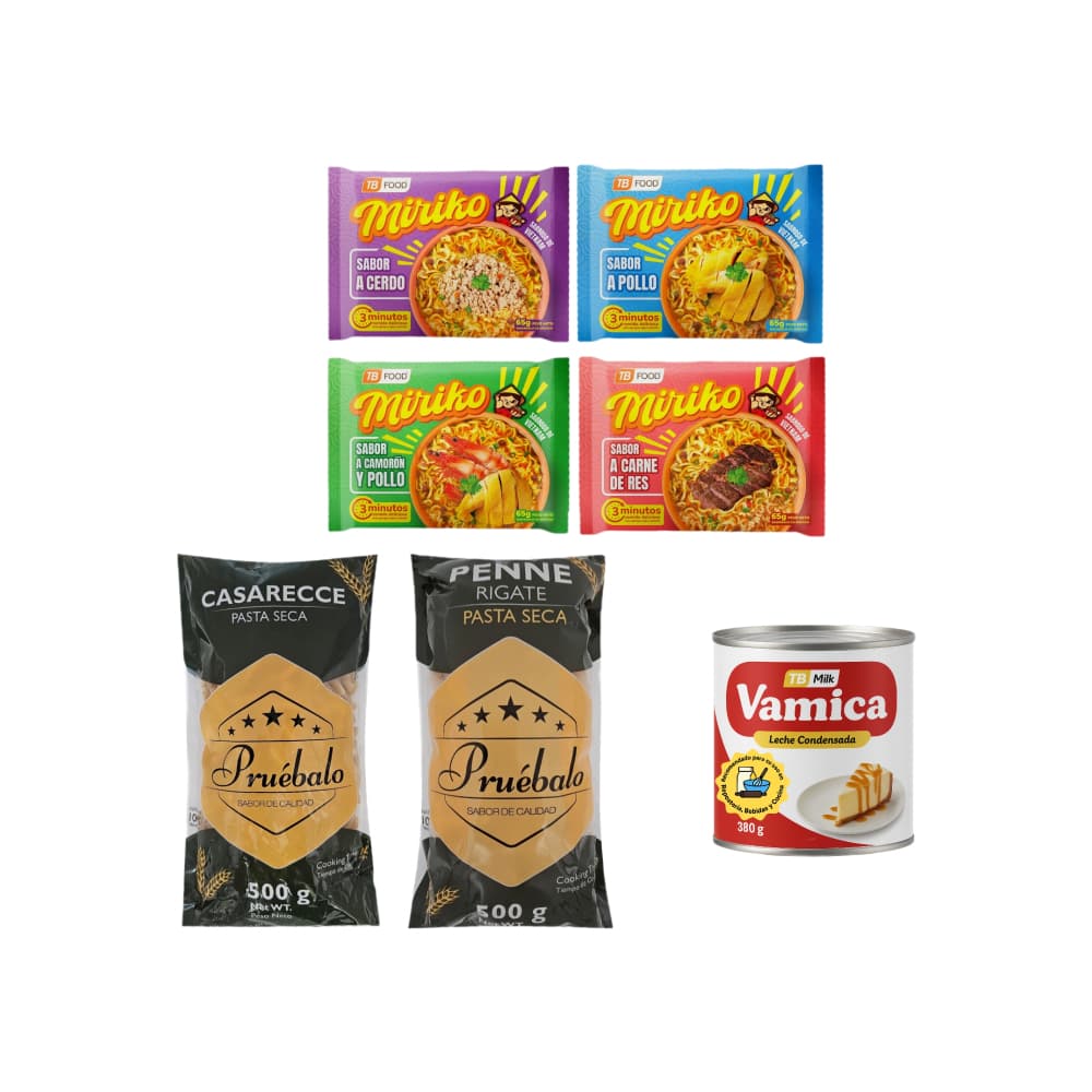 Pastas cortas -penne rigate + Pastas cortas -casarecce + Leche condensada + Sopa instantánea de fideos sabor a cerdo + Sopa instantánea de fideos sabor a pollo + Sopa instantánea de fideos sabor a carne de res + Sopa instantánea de fideos sabor a camarón y pollo - Imagen 1