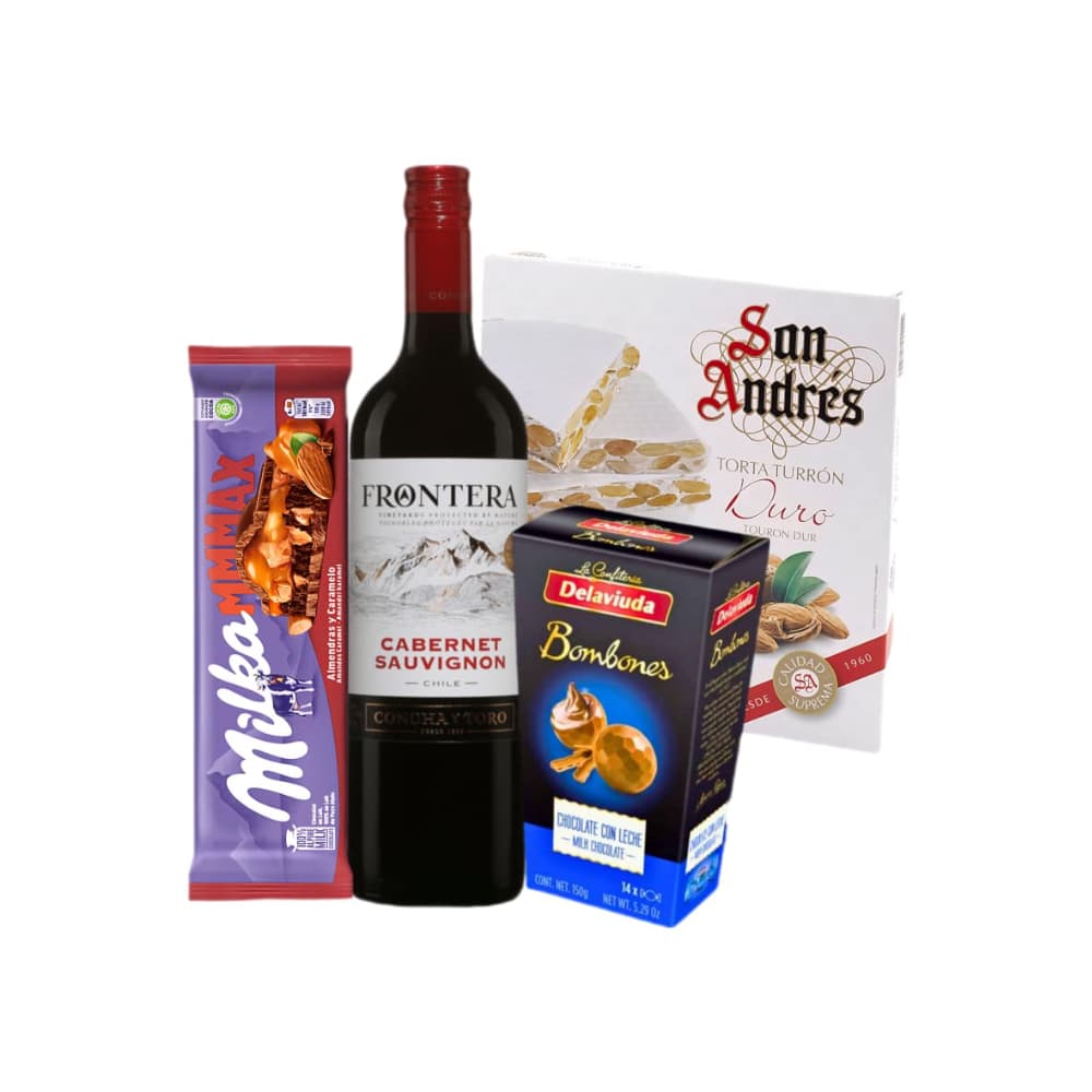 Combo de Vino tinto + Bombones + Tableta de chocolate + Torta de turrón. - Imagen 1