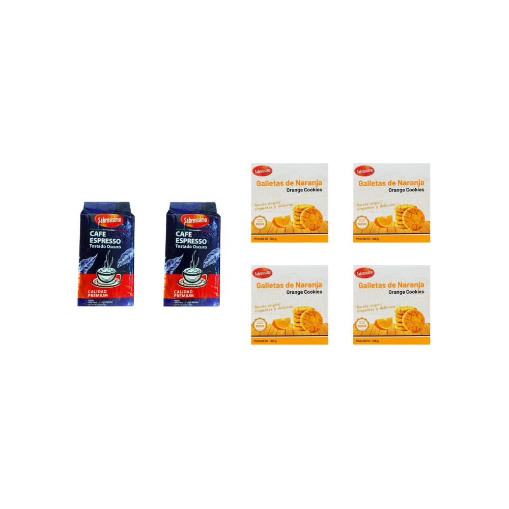 Combo Café espresso premium Sabrosísimo (2 x 250 g / 8.81 oz) + Galletas de mantequilla con sabor a naranja Sabrosísimo (4 x 100 g / 3.52) - Imagen 1