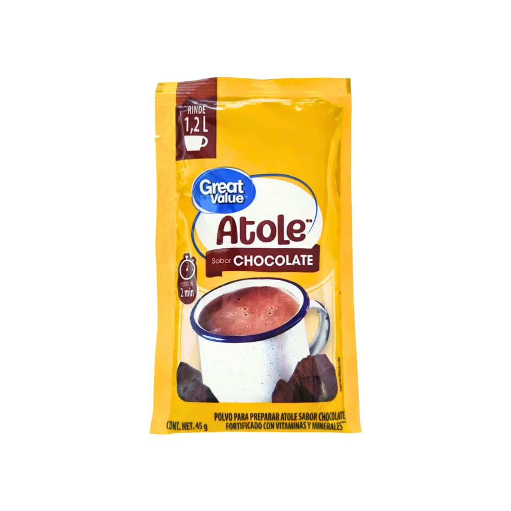 Polvo para preparar atole sabor chocolate fortificado con vitaminas y minerales Great Value (45 g / 1.59 oz) - Imagen 1