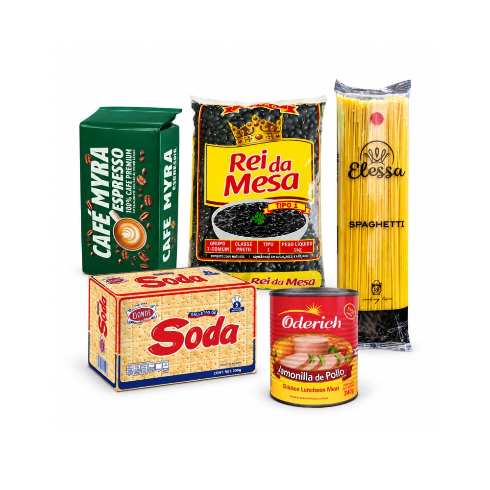 Café espresso Myra (250 g / 8.8 oz) + Frijoles negros tipo 1 Rei da Mesa Feijao (1 kg / 2.2 lb) + Espaguetis Elessa (500 g / 1.10 lb) + Galletas de soda Dondé (800 g / 1.76 lb) + Jamonilla de pollo Oderich (340 g / 0.75 lb) - Imagen 1