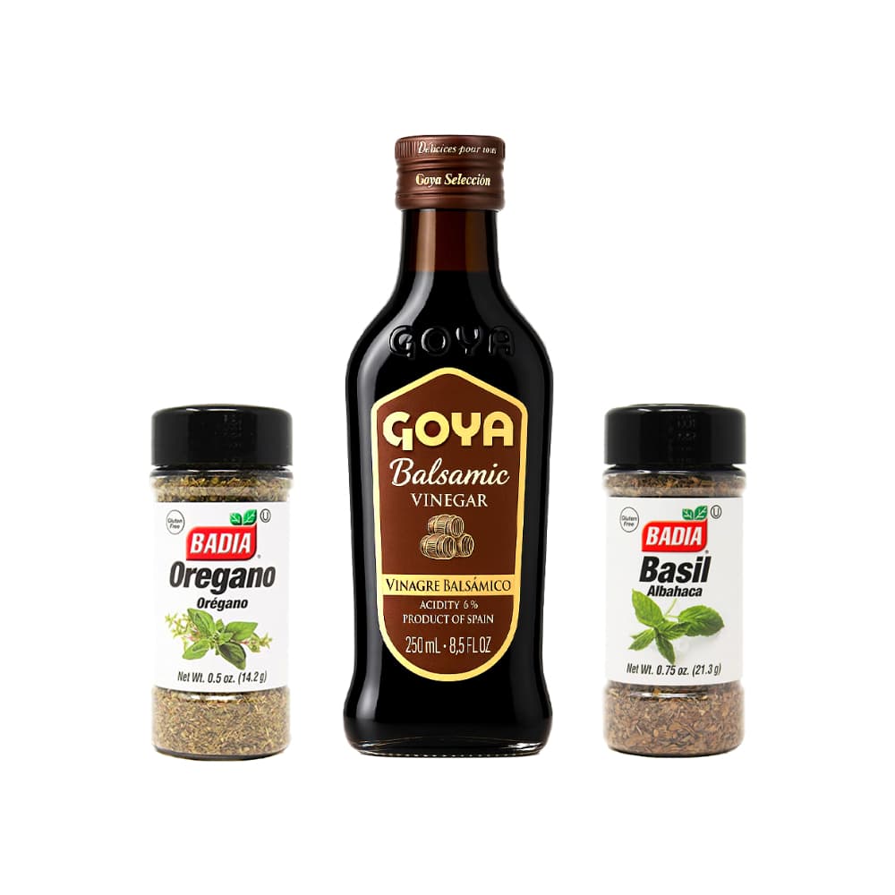 Orégano triturado Badia (14.2 g) + Albahaca Badía (21.3 g) + Vinagre Balsámico Goya (250 ml) - Imagen 1
