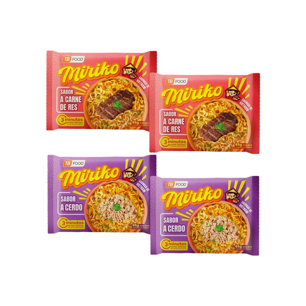 Sopa instantánea de fideos sabor a de cerdo Miriko + Sopa instantánea de fideos sabor a carne de res Miriko - Imagen 1