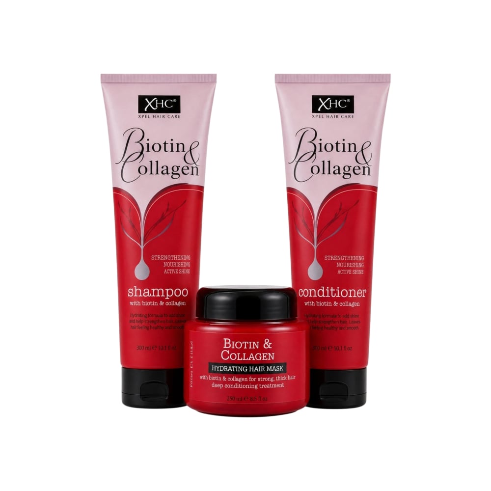 Set de champú, acondicionador y mascarilla capilar de biotina y colageno XHC (2 x 300ml + 220ml) - Imagen 1