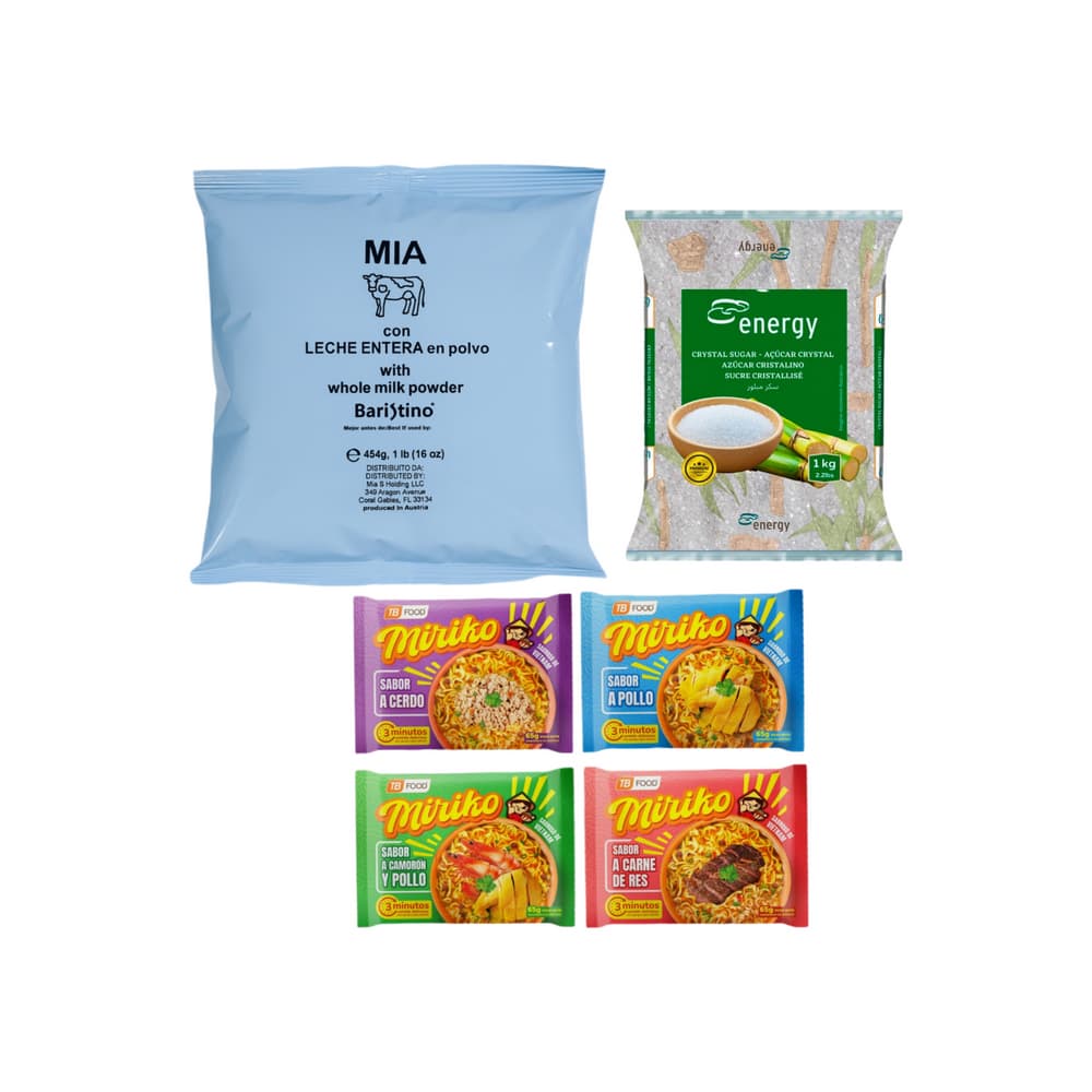 Leche entera en polvo Mia + Azúcar blanca Energy + Sopa sabor carne de res Miriko + Sopa sabor pollo Miriko + Sopa sabor pollo y camarón Miriko + Sopa sabor cerdo Miriko - Imagen 1