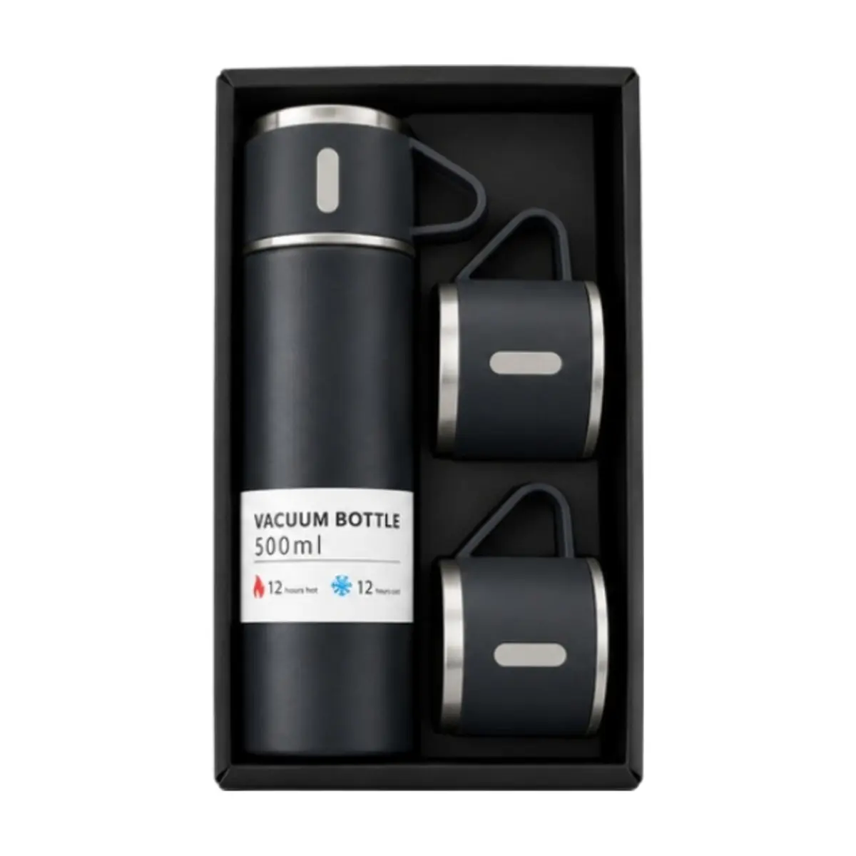 Set de termo de acero inoxidable de 500 ml con 2 tazas color negro XL Soluciones - Miniatura 2