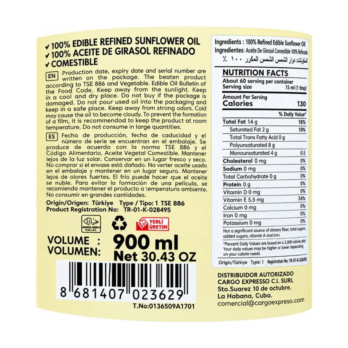 Aceite de girasol refinado Aloy (900 ml / 30.43 floz) - Miniatura 3
