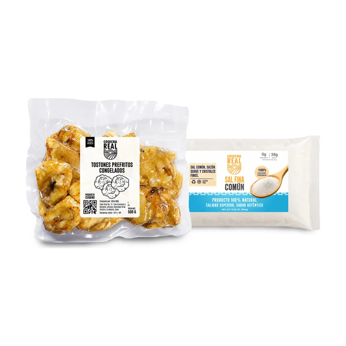 Combo criollo #4: Tostones prefritos congelados Cosecha Real + Sal fina común Cosecha Real