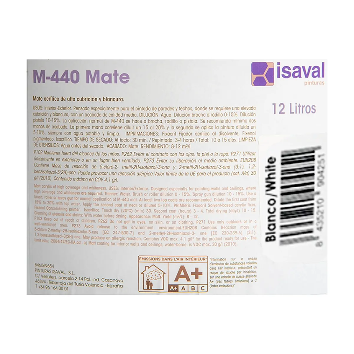 Pintura acrílica interior y exterior color blanco M - 440 Isaval - Blancolor (12 L) - Miniatura 4