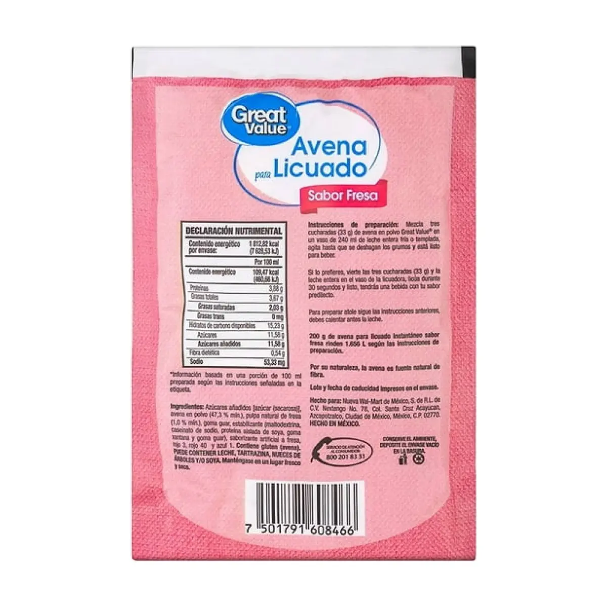 Avena para licuado sabor fresa Great Value (200 g / 7.05 oz) - Miniatura 2