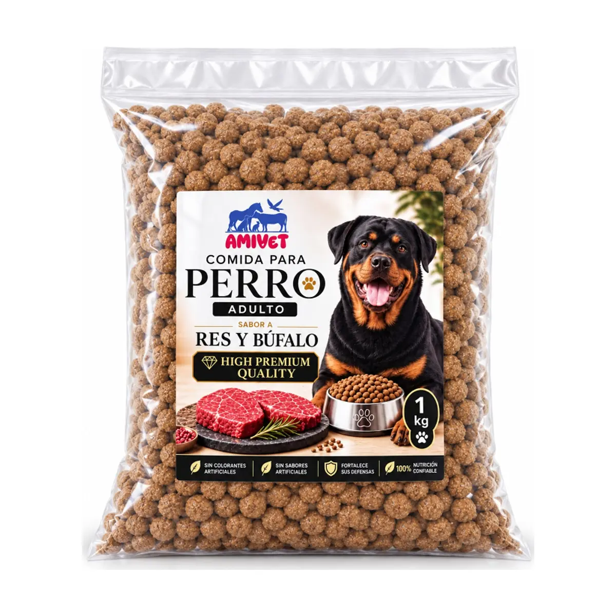 Pienso con sabor a búfalo y res para perros adultos Amivet (1 kg / 2.2 lb)