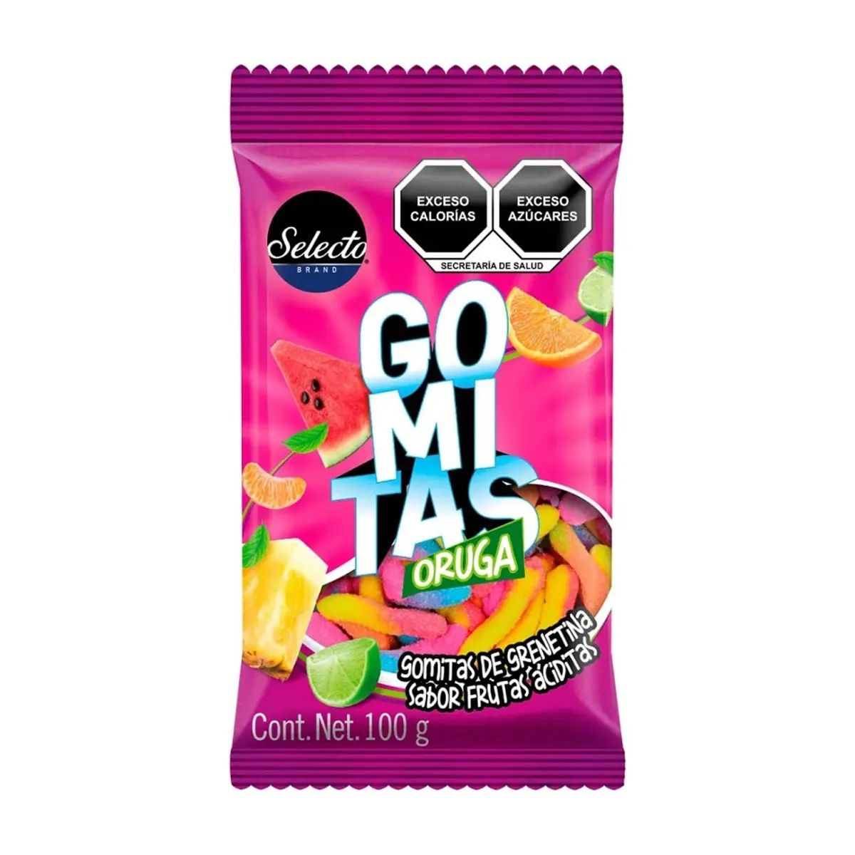 Gomitas de grenetina oruga sabor frutas áciditas Selecto (100 g / 3.5 oz)