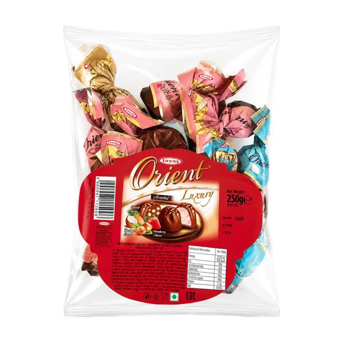 Bombones de cacao con leche con sabor a avellana, fresa y coco rellenos de crema y arroz crujiente Tayas Orient (250 g / 8.82 oz)