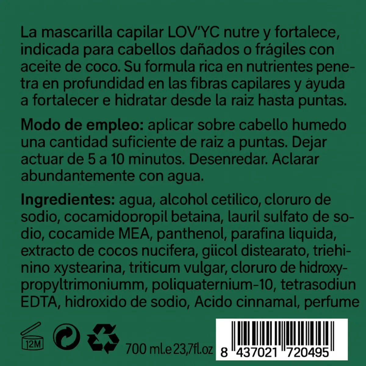 Mascarilla capilar profesional de aceite de coco Lov'yc (700 ml) - Thumbnail 3