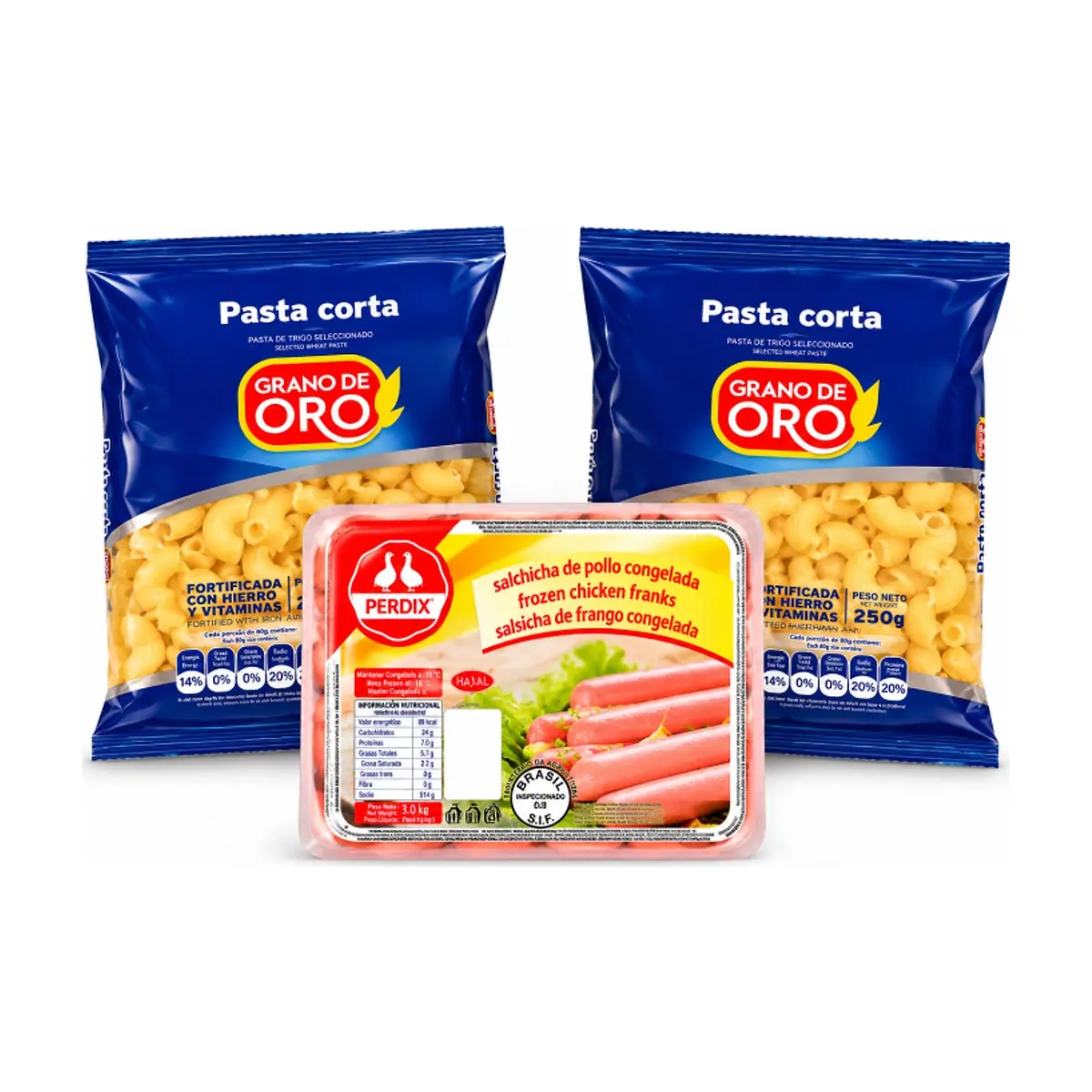 Salchicha de pollo congelada Perdix + Pasta corta coditos Grano de Oro - Imagen 1