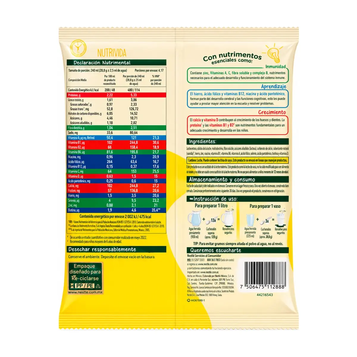 Leche en polvo parcialmente descremada acondicionada con fibra, minerales y vitaminas Nestlé (120 g / 4.23 oz) - Miniatura 2