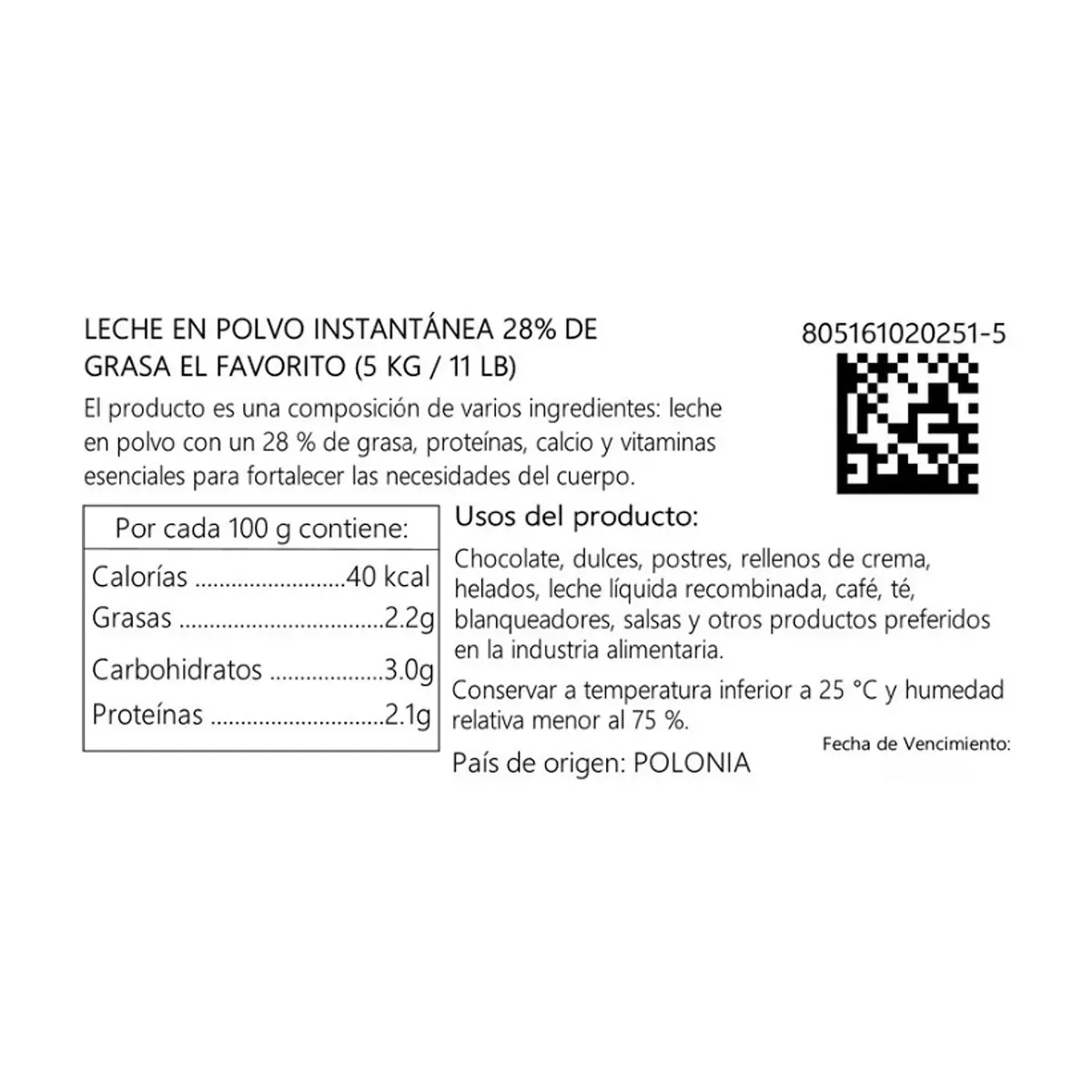 Leche en polvo instantánea 28% de grasa El Favorito (5 kg / 11 lb) - Thumbnail 3