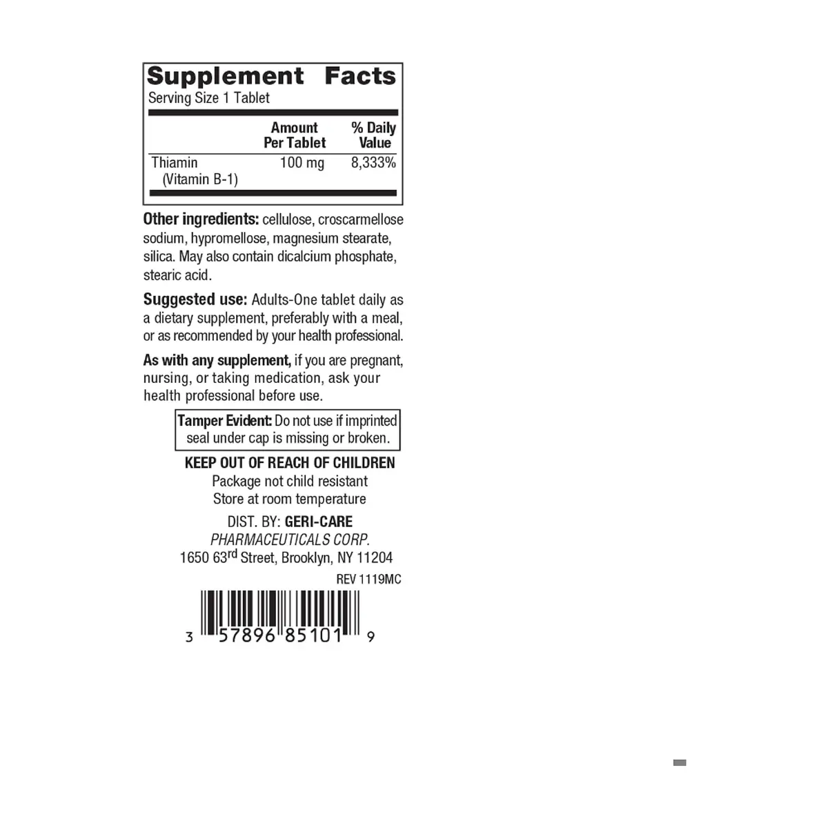 Vitamina B-1 100 mg Medline (100 tabletas) - Thumbnail 2