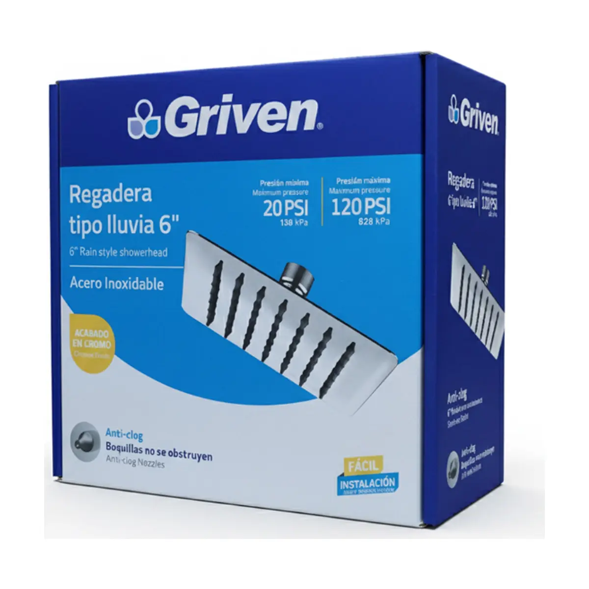 Regadera cuadrada para ducha de 6" terminación cromada Griven - Miniatura 1