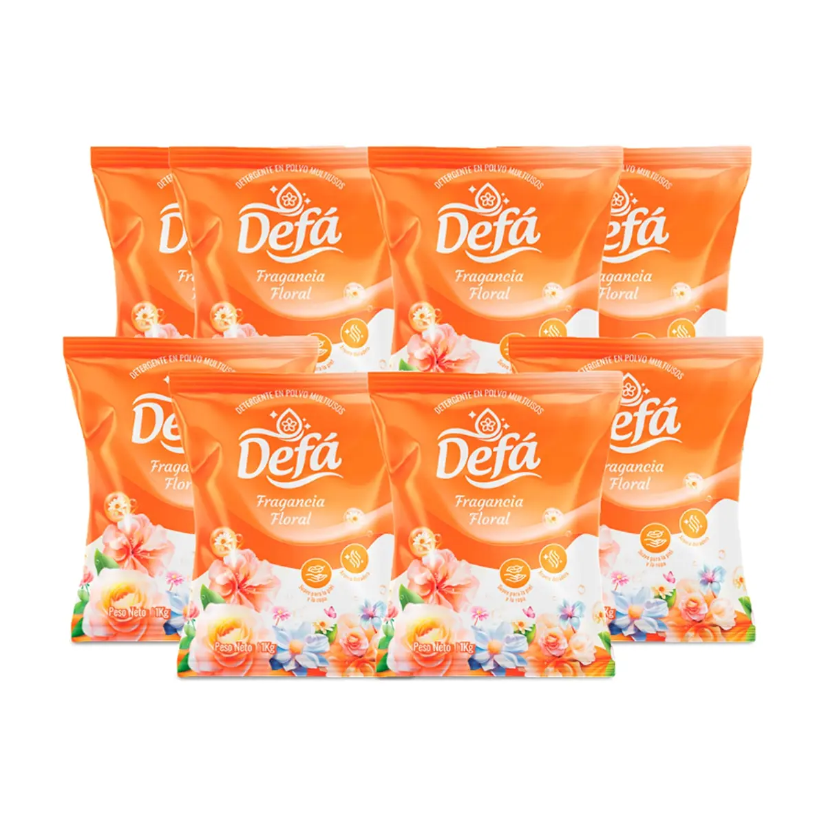 Detergente en polvo multiusos fragancia floral Defá (8 x 1 kg / 2.2 lb)