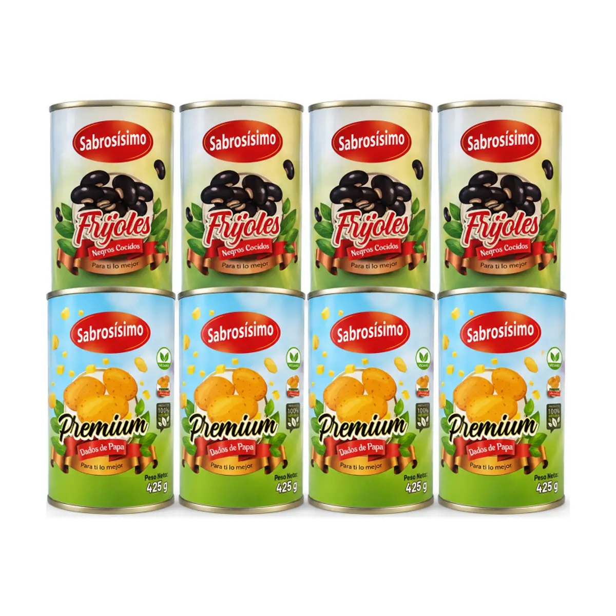 Frijoles negros cocidos Sabrosísimo (4 x 400 g / 14.11 oz) + Dados de papa enlatado Sabrosísimo (4 x 425 g / 14.99 oz)