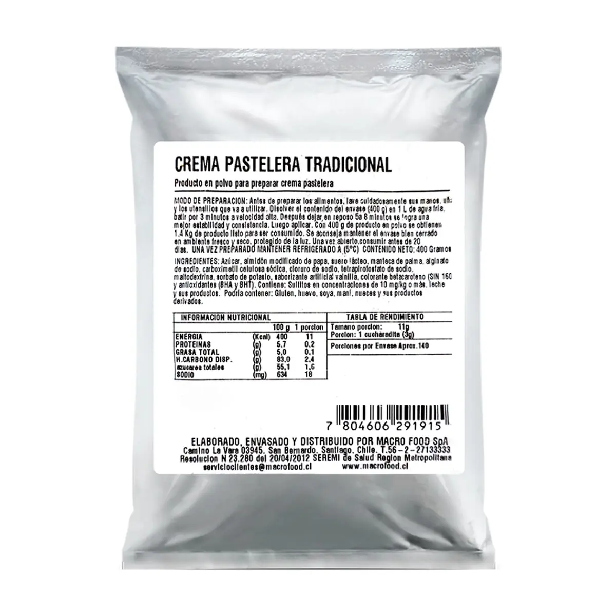 Producto en polvo para preparar crema pastelera tradicional Macro Food (400 g / 14.1 oz)