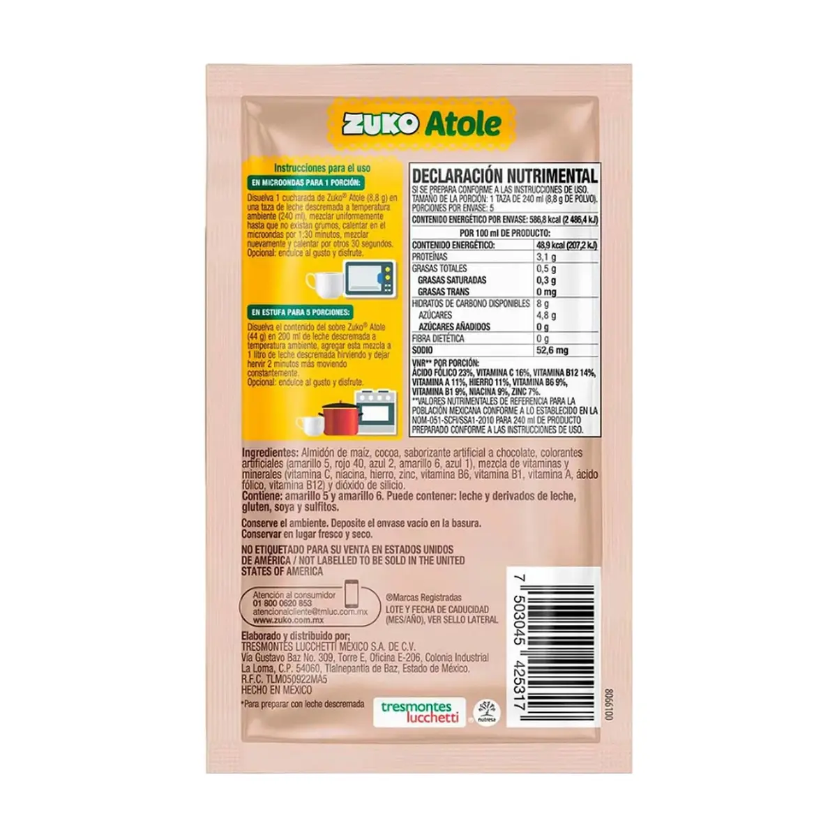 Polvo para preparar atole sabor chocolate, fortificado con vitaminas y minerales Zuko (44 g / 1.55 oz) - Thumbnail 4
