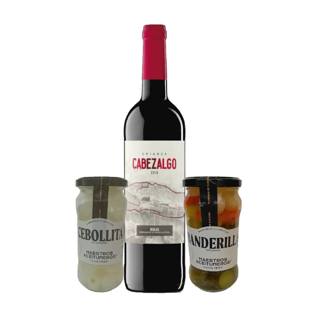 Vino tinto rioja crianza + Cebollitas en vinagre + Banderilla troceada