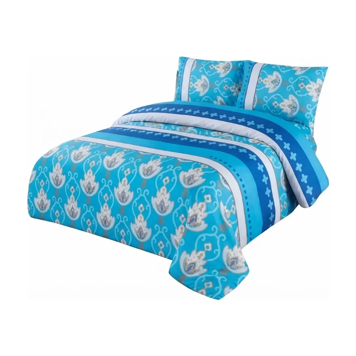 Juego de sábanas full size de cuatro piezas azul con diseño florales combinado con franjas Solla Home