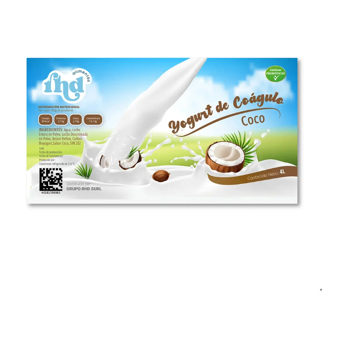 Yogurt probiótico de coágulo sabor coco RHD (4 L) - Miniatura 3