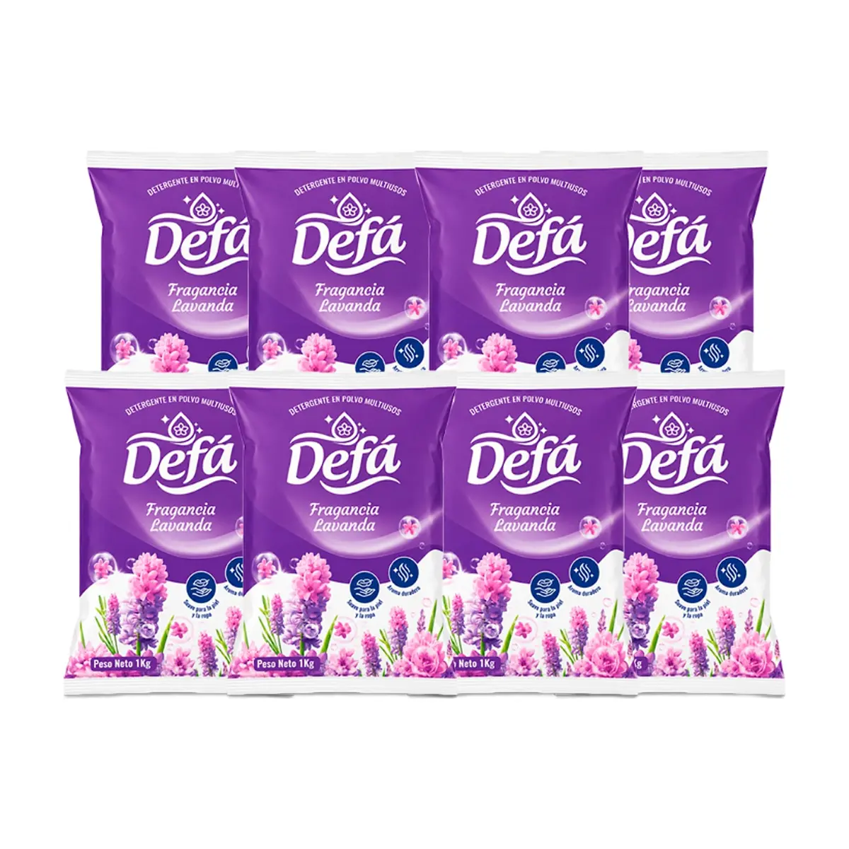 Detergente en polvo multiusos fragancia de lavanda Defá (8 x 1 kg / 2.2 lb)