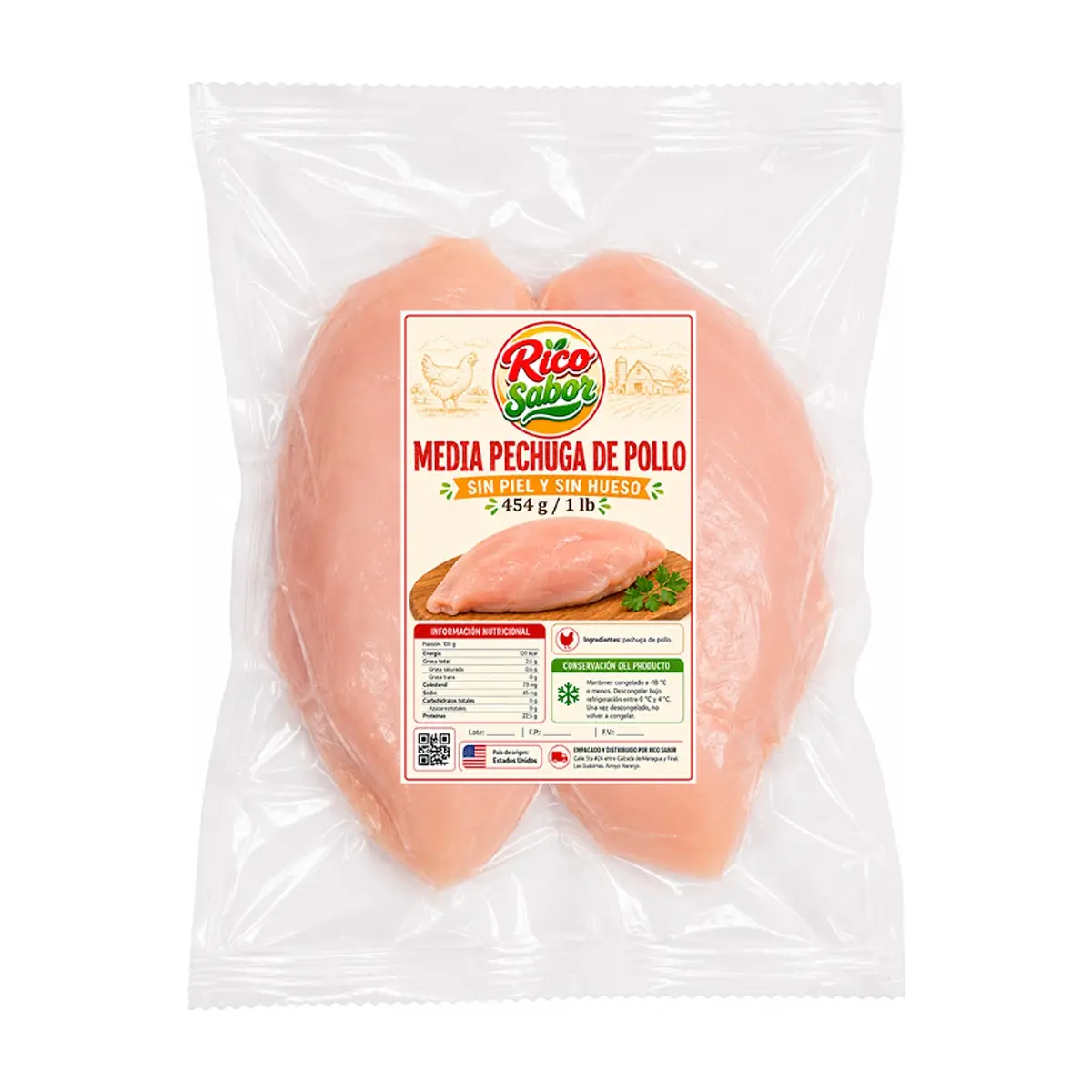 Media pechuga de pollo sin piel y sin hueso Rico Sabor (454 g / 1 lb)