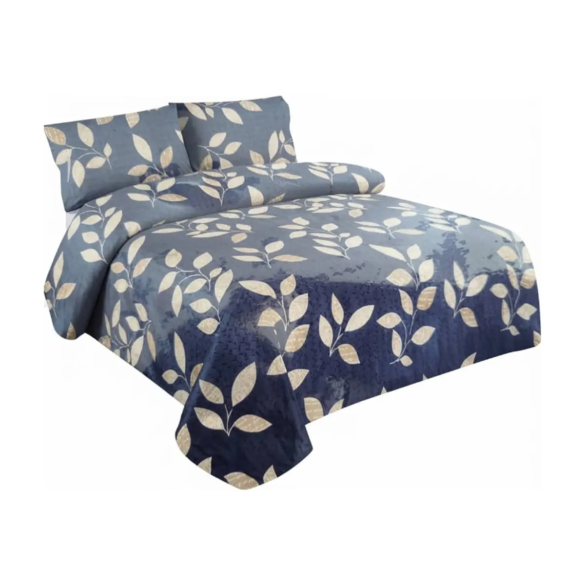Juego de sábanas Full Size de cuatro piezas con estampado de hojas en tonos azul y gris Solla Home - Miniatura 2