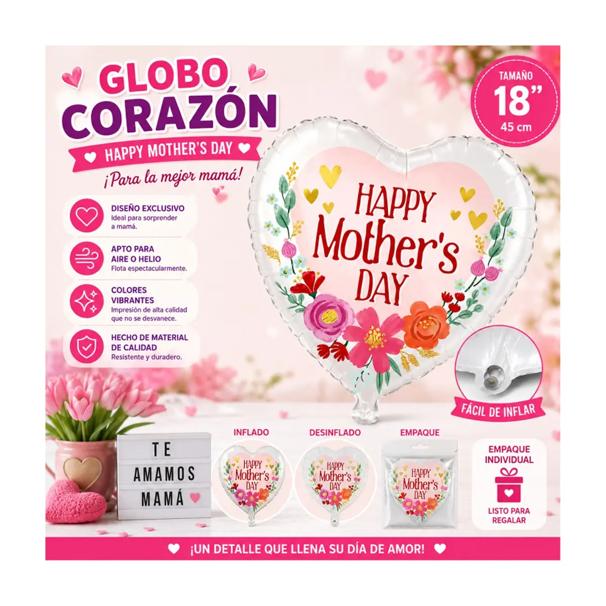 Globo en forma de corazón con cartel de Happy mother´s day Balloon (17 pulgadas) - Thumbnail 4
