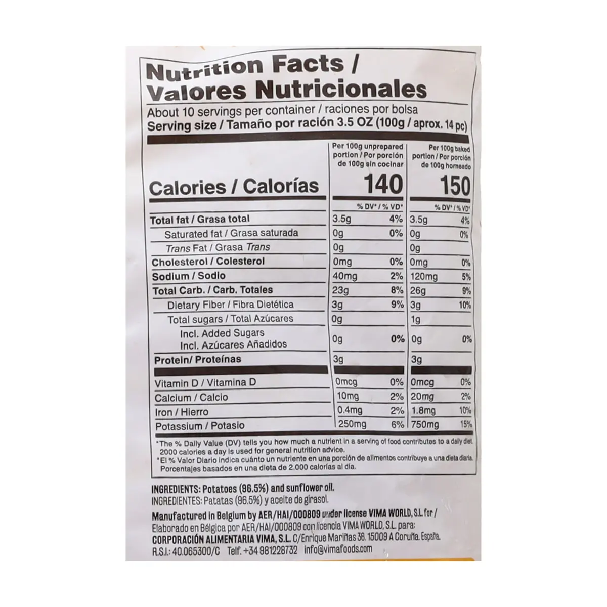 Patatas -papas- prefritas congeladas Vima Foods (1 kg / 2.2 lb) - Thumbnail 3