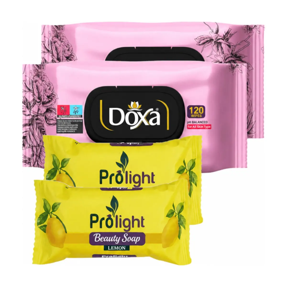 Combo de aseo personal #3: Toallitas húmedas Doxa Romance + Jabón de belleza con fragancia a limón Prolight