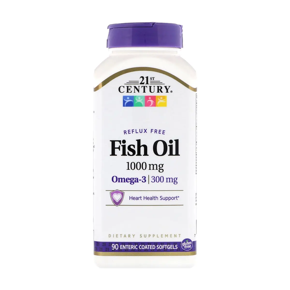 Omega 3. Aceite de pescado libre de reflujo 1000 mg 21st Century (90 cápsulas)