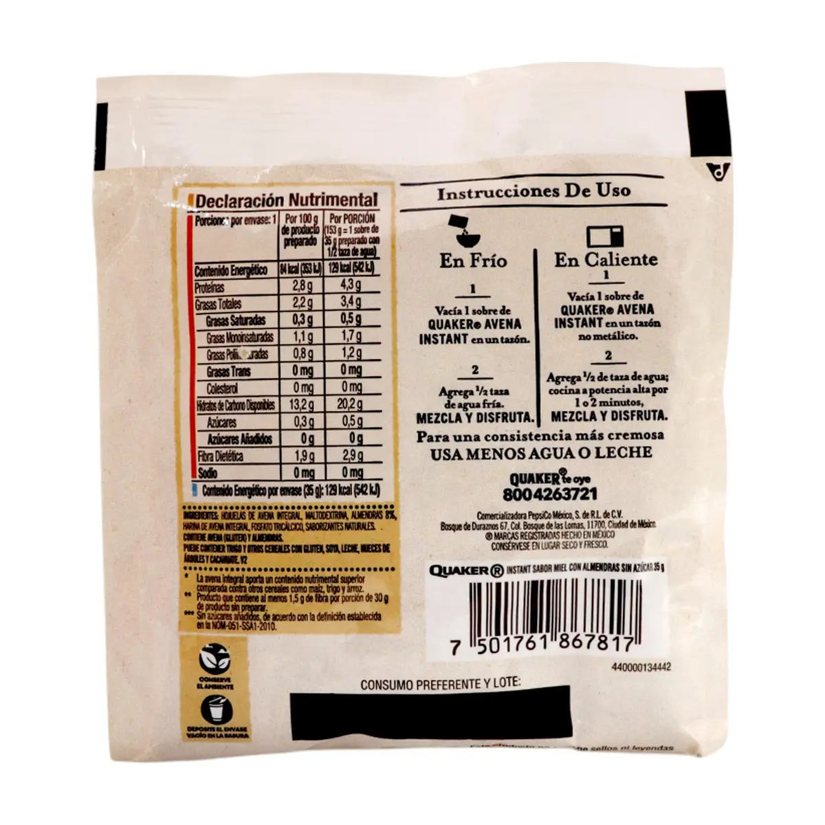 Cereal de avena integral sabor miel con almendras Quaker (35 g / 1.23 oz) - Thumbnail 3